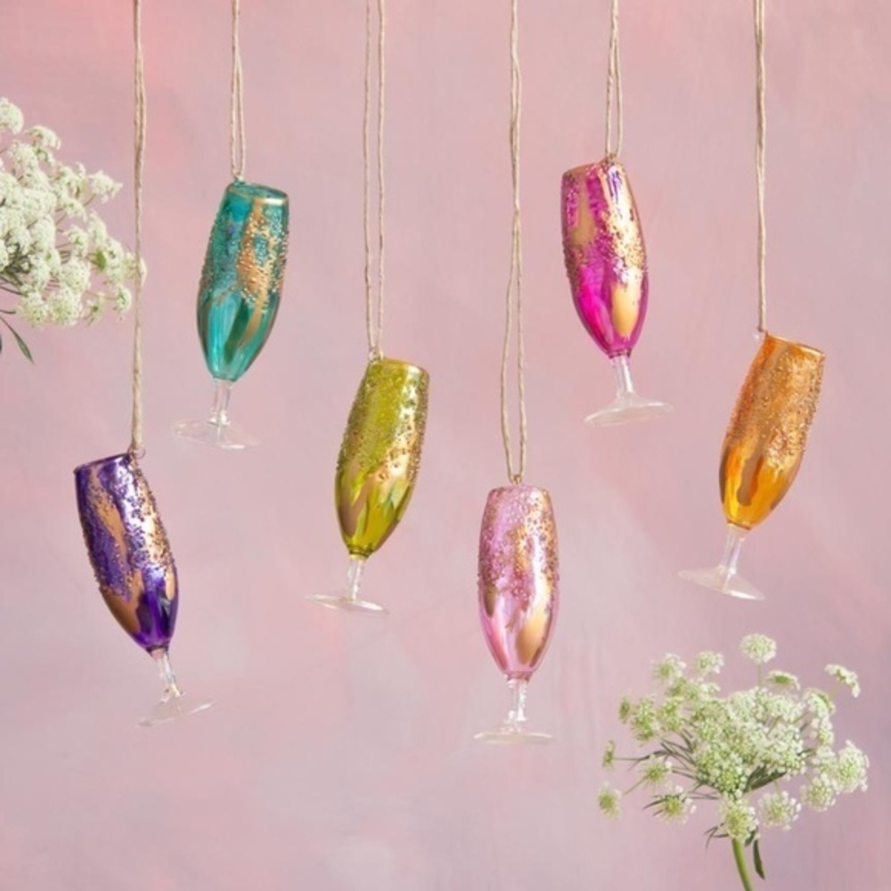 Anthropologie Champagne  Hot Pink Glass Flute Ornament
